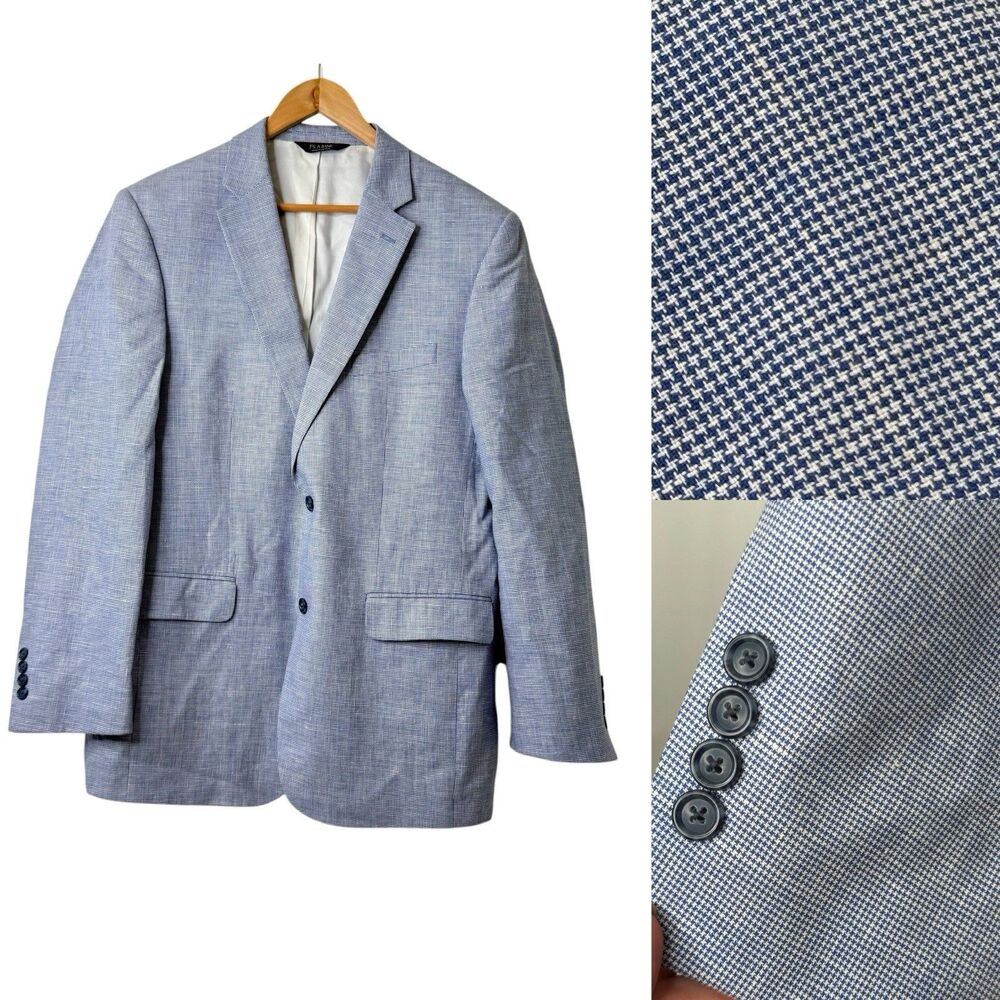Jos A Bank Mens Linen Wool Blazer 42L Blue Houndstooth Jacket Sport Coat Preppy